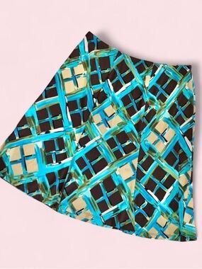 Y2K Turquoise & Brown Geometric A-Line Skirt